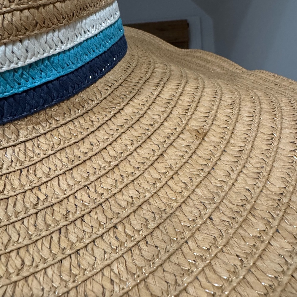Wide Brim Straw Hat with Blue Stripe - Picture 3 of 5